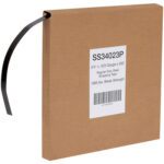 Brown cardboard box labeled SS34023P, 3/4 x .023 Gauge x 300, Regular Duty Steel Strapping Tape, 1985 lbs. Break Strength. A black strap extends from the box, featuring MH-USAs reliable strapping for robust packaging.