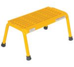 The Vestil Alum Step Stand - 1 Step Welded Yellow is a stable footstool with a textured, non-slip surface and four legs with rubber feet, providing safe and reliable use.