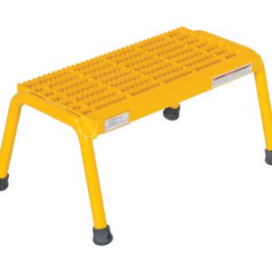 The Vestil Alum Step Stand - 1 Step Welded Yellow is a stable footstool with a textured, non-slip surface and four legs with rubber feet, providing safe and reliable use.