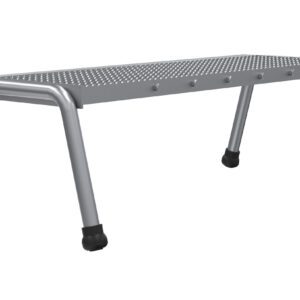 The Vestil Aluminum Step Stand - 1 Step Wide Welded is a lightweight, portable aluminum footstool with a perforated top surface and four angled legs featuring black rubber caps for stability and grip.