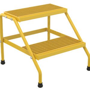 The Vestil Alum Step Stand- 2 Step Knkdwn Yellow features black rubber feet and textured anti-slip steps, supported by a durable metal frame for safe access to elevated areas.