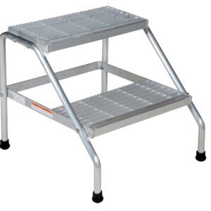 The Vestil Aluminum Step Stand - 2 Step Knock-Down is a two-step ladder with a silver finish and textured, grip-friendly steps. It features four rubber-capped legs for stability and angled supports for reinforcement.