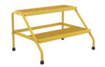 The yellow Vestil Alum Step Stand-2 Step Wide Knkdwn Yell features a textured surface and four black rubber feet for stability. Its metal frame provides sturdy support, making it ideal for confidently reaching higher areas.