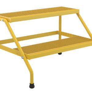 The yellow Vestil Alum Step Stand-2 Step Wide Knkdwn Yell features a textured surface and four black rubber feet for stability. Its metal frame provides sturdy support, making it ideal for confidently reaching higher areas.