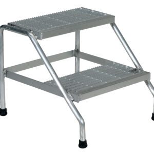 The Vestil Aluminum Step Stand Welded 2 Step stool features a sturdy, compact design with rubber non-slip feet and textured steps for excellent grip, ensuring safe access to higher areas.