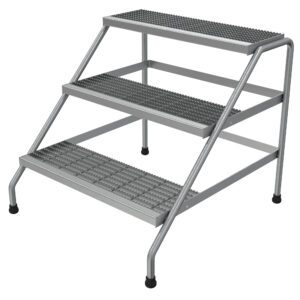 The Vestil Aluminum Step Stand - 3 Step Wide Welded offers wide, welded steps with textured, non-slip surfaces and sturdy angled legs for enhanced stability. Ideal for high shelves or workshops, its simple design meets versatile needs.
