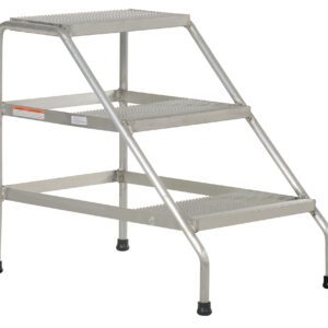 The Vestil Aluminum Step Stand Welded 3 Step offers a sturdy design with a robust welded frame, non-slip rubber feet, and textured steps for added grip, making it perfect for light industrial or household use.