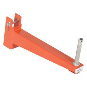 The orange wall mount jib crane arm has a cylindrical metal post and mounting brackets. Rated for 600 lbs, it secures to surfaces with a pin, akin to the Vestil Standard Cant Racking Straight Arms robust 12-inch design.