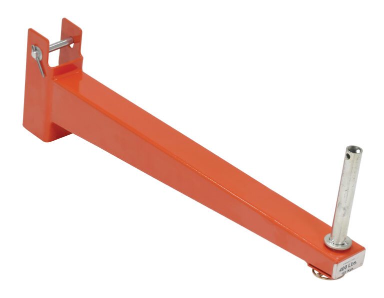 SSA-C-30_A.jpg The orange metal beam bracket, resembling a Vestil Standard Cant Racking Straight Arm 30 In, has a silver cylindrical attachment on one end and a mounting plate with a pin on the other, featuring a flat angular design that supports up to 400 lbs.