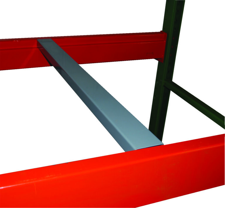 A Vestil Pallet Support Bar 1K, 1.5 inches high, is placed between horizontal red beams on a shelving unit with vertical green posts, creating a storage rack against a white background.