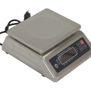 The Vestil Stainless Steel Parts Scale 13 Lb Cap features a sleek silver design, a digital display, control buttons, and a waterproof, flat square platform. Its attached power cord ensures precise measurements and reliable functionality for various items.
