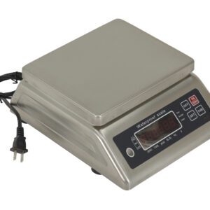 The Vestil Stainless Steel Parts Scale 66 Lb Cap features a sleek surface, black display, and buttons for power, tare, and units. With a two-prong power cord and screen showing zeroes when ready, it ensures precise measurements.