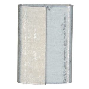 A detailed view of a silver, rectangular metal sleeve connector resembling Vestil Steel Strapping Seals 5/8 In, featuring a smooth, subtly reflective surface with visible seams. Light wear and tarnishing provide texture.