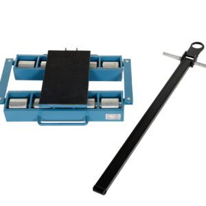 A blue Vestil Steel Machinery Skate with a black platform, 8 rollers, and a sturdy metal grip handle can move up to 12 tons. It comes with a detachable long black handlebar for effortless transportation of heavy items.