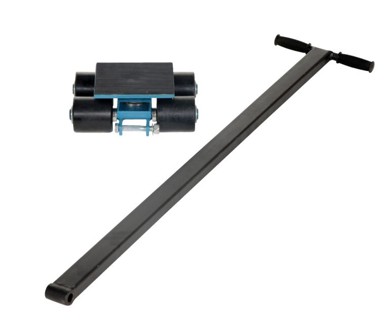 The Vestil Nylon Machinery Skates 3 Ton 4 Rollers have a black metal frame, four smooth rollers, and a long black handle with rubber grips, allowing for effortless maneuvering of large equipment.