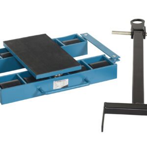 A blue adjustable leveling dolly with four wheels is on the left, alongside a black T-shaped handle tool on the right, designed like Vestil Nylon Machinery Skates to move heavy equipment seamlessly.