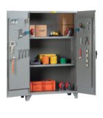 The Little Giant High Capacity Storage Cabinet with Pegboard Doors is open, displaying shelves with a cardboard box, coiled cables, and a plastic container. Tools like a tape measure and screwdriver are neatly organized on the pegboard doors.