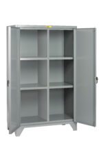 The Little Giant Two Shift Storage Cabinet boasts a large, metallic build with two open doors and six shelves, perfect for efficiently organizing supplies. Its gray industrial style enhances functionality in any setting.