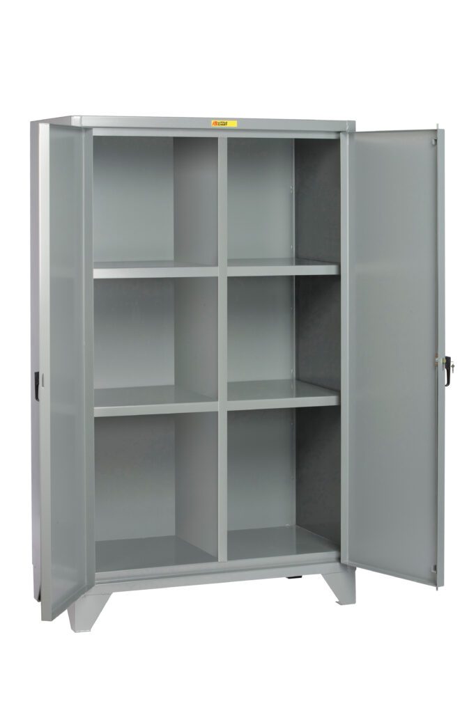 The Little Giant Two Shift Storage Cabinet boasts a large, metallic build with two open doors and six shelves, perfect for efficiently organizing supplies. Its gray industrial style enhances functionality in any setting.