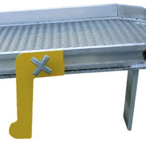 A metal loading dock leveler with a perforated surface and yellow side safety latch, featuring a curved edge with a downward lip similar to the durable design of the Vestil Aluminum Dockboard W/ Sliding Span Locks.