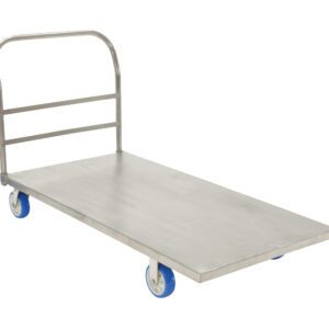 The Vestil Platform Truck Stainless Steel 30X60 is a flatbed trolley with a robust stainless steel frame and four blue wheels. It measures 30x60 inches, features a handle for easy maneuvering, and offers a flat surface perfect for transporting items with its simple, utilitarian design.