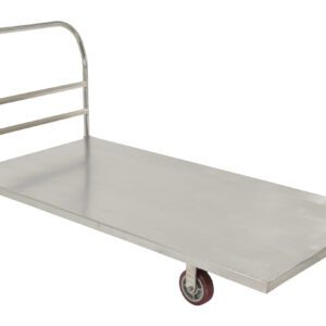 The Vestil Platform Truck Stainless Steel 36X72 boasts a large silver flatbed with a handle and four red caster wheels. Its angled design enhances the reflective metal, offering both durability and style for any task.