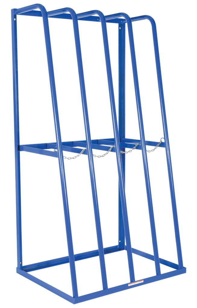 SSRT-47-HP_A.jpg The blue Vestil Storage Rack 36 L X 92 H is a durable metal industrial rack with four slanted supports ideal for large cylinders, features safety chains for security, and provides stability and easy access with its open design.