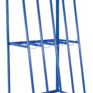 The blue Vestil Storage Rack 36 L X 92 H is a durable metal industrial rack with four slanted supports ideal for large cylinders, features safety chains for security, and provides stability and easy access with its open design.