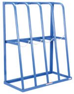 The Vestil Storage Rack 24 L X 60.875 H is a stylish blue metal rack with four vertical compartments and chain supports, designed to securely hold gas cylinders upright on its rectangular base while seamlessly blending functionality and style.
