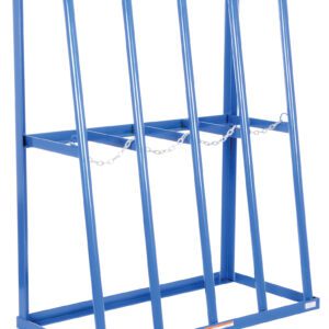 The Vestil Storage Rack 24 L X 60.875 H is a stylish blue metal rack with four vertical compartments and chain supports, designed to securely hold gas cylinders upright on its rectangular base while seamlessly blending functionality and style.