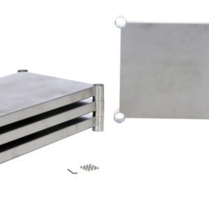 The image displays two metallic heat exchanger plates. The left has three stacked plates with four circular corner supports, while the right resembles a single flat plate with rounded corners akin to the Vestil Stainless Steel Shelving Kit 36 X 18 In. A small tool and screws are placed in front.