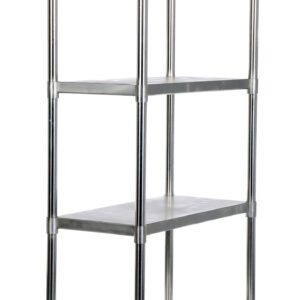 The Vestil Stainless Steel Shelving 36 x 18 in unit offers four adjustable shelves with sturdy posts, ideal for organized storage. Its sleek finish adds industrial flair, making it perfect for kitchens, garages, or warehouses.