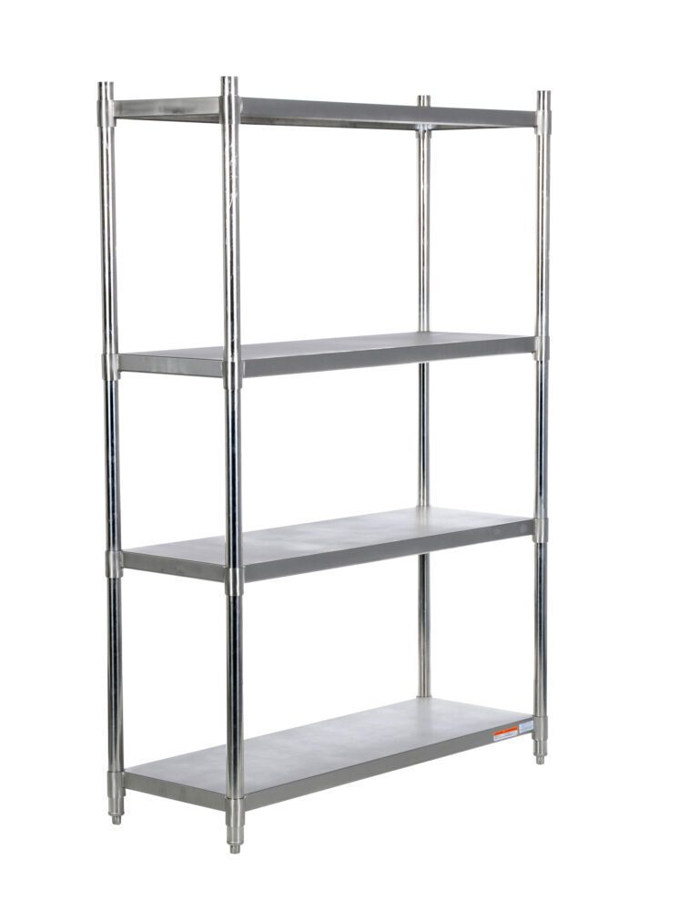 The Vestil Stainless Steel Shelving 48 x 18 In features a simple design with four adjustable shelves and a durable metal frame, all presented on a plain white background for a clean look.