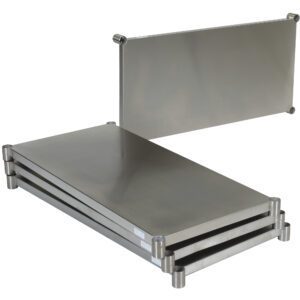 The Vestil Stainless Steel Shelving Kit 48 x 24 inches includes three stacked metal plates with rounded corners, cylindrical supports, and an upright plate in the same style, offering smooth reflective surfaces for a sleek industrial look.