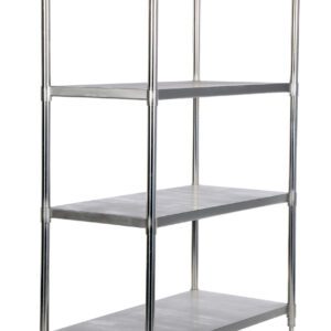 The Vestil Stainless Steel Shelving 48 x 24 In boasts a strong frame and four adjustable shelves for efficient organization and storage, all set against a simple white background.