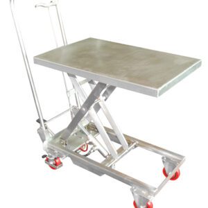 The Vestil Stainless Steel Scissor Cart 200 Lbs is an industrial marvel with a hydraulic lift table, visible scissor mechanism, four red caster wheels, and a 200 lbs capacity, blending functionality with sleek design for seamless use.