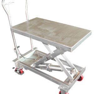 The Vestil Stainless Steel Scissor Cart 400 Lbs includes a flat metallic lift table with a handle, supporting up to 400 lbs. It features a hydraulic mechanism and four red wheels for effortless mobility.