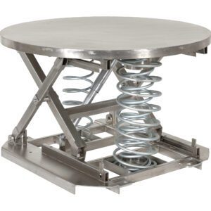 The Vestil Spring Scissor Table Part Ss Solid 4,500 is a round, industrial metal table with a smooth top and exposed coiled springs underneath, featuring robust metal supports and mechanical appeal perfect for any workshop.