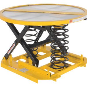 The Vestil Spring Scissor Table 4,500 Lb Cap is a yellow industrial lift table with a round platform and black spring mechanism. Expertly designed for ergonomic lifting and positioning tasks, it is ideal for warehouses or assembly lines.