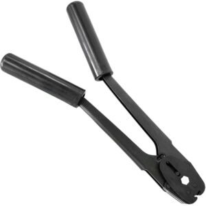 The MH-USA 3/4 Single Notch Steel Strapping Sealer includes black crimping pliers with long ribbed handles for a better grip, featuring a small rounded jaw and open angled head for precise crimping.