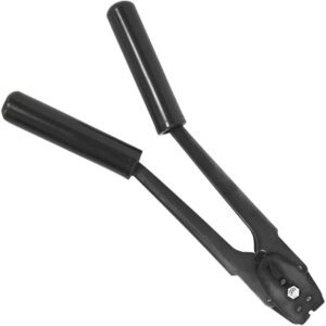 The MH-USA 5/8 Double Notch Steel Strapping Sealer is a black handheld crimping tool with long handles and rubber grips for comfort. Its metal head features interlocking parts, making it ideal for applying closures or seals easily.