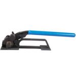 The MH-USA 3/8 - 3/4 Industrial Steel Strapping Tensioner features a long blue handle and black metal base, perfect for tightening strapping when packaging heavy items. Its compact industrial design ensures efficient operation.