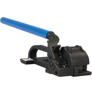 The MH-USA 3/4 - 1 1/4 Deluxe Steel Strapping Tensioner, featuring a black body and extended blue handle, is designed for tightening polyester or polypropylene strapping efficiently. Set against a white backdrop, this tool ensures secure operation.
