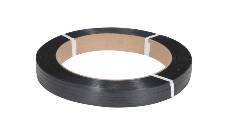 The Vestil Black Poly Strapping 4500 Ft 16 X 3 is shown as a coiled roll of black plastic strapping, secured with two white bands against a clean white background.