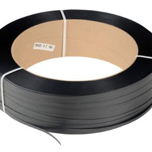 The Vestil Black Poly Strapping 9000 Ft 16 X 6 is a coiled roll of black plastic featuring a cardboard core, securely wrapped with white ties. A small label on the core displays essential text and numbers for easy reference.