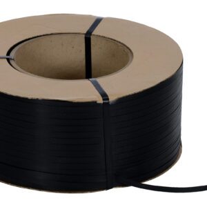 The Vestil Black Poly Strapping 9900 Ft 9 X 8 consists of a roll of textured black plastic strapping with small ridges, neatly coiled around a cardboard core, ideal for securely and efficiently securing packages.