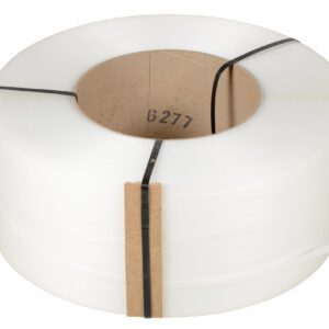 A roll of Vestil Clear Poly Strapping, 9900 ft long in white with two black bands and a cardboard core, labeled 6277.