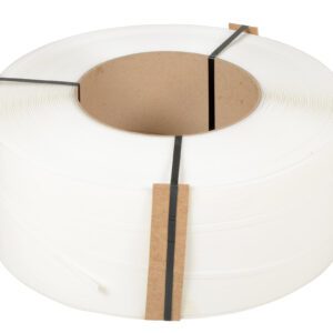The large roll of Vestil White Poly Strapping 12900 Ft 9 X 8 is coiled neatly, with black straps securing two cardboard pieces on each side. Its inner core is brown cardboard, and its set against a plain white background.