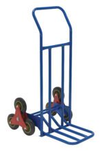 The Vestil Steel Stair Hand Truck 300 Lb Capacity, with a blue finish and triangular wheel design, efficiently climbs stairs. It features an upright handle and slatted base platform, supporting loads up to 300 lb.