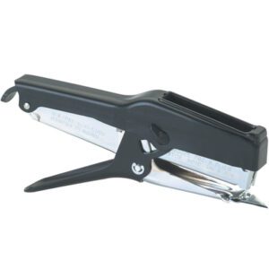The MH-USA Industrial Sword Point Stapler is a handheld heavy-duty tool with a black top handle and sleek metal base, ideal for thick stacks of paper. Its robust design complements any setting, shown elegantly against a white background.